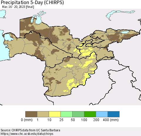 Central Asia Precipitation 5-Day (CHIRPS) Thematic Map For 3/16/2023 - 3/20/2023