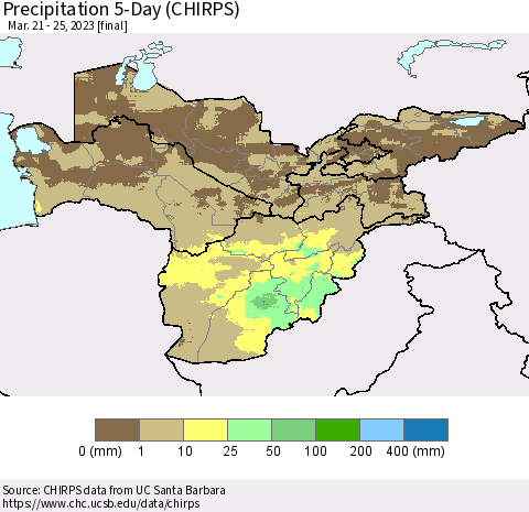 Central Asia Precipitation 5-Day (CHIRPS) Thematic Map For 3/21/2023 - 3/25/2023