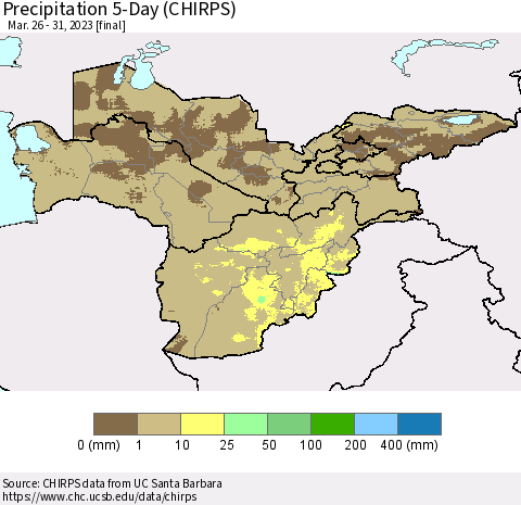 Central Asia Precipitation 5-Day (CHIRPS) Thematic Map For 3/26/2023 - 3/31/2023