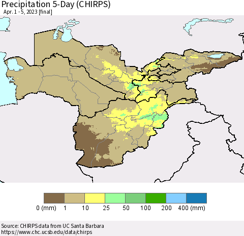 Central Asia Precipitation 5-Day (CHIRPS) Thematic Map For 4/1/2023 - 4/5/2023