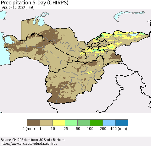Central Asia Precipitation 5-Day (CHIRPS) Thematic Map For 4/6/2023 - 4/10/2023