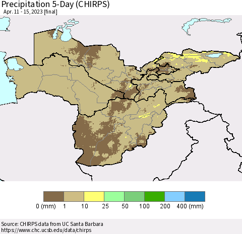 Central Asia Precipitation 5-Day (CHIRPS) Thematic Map For 4/11/2023 - 4/15/2023
