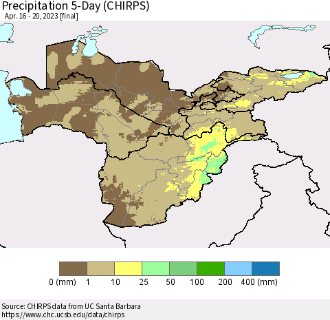 Central Asia Precipitation 5-Day (CHIRPS) Thematic Map For 4/16/2023 - 4/20/2023