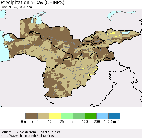 Central Asia Precipitation 5-Day (CHIRPS) Thematic Map For 4/21/2023 - 4/25/2023