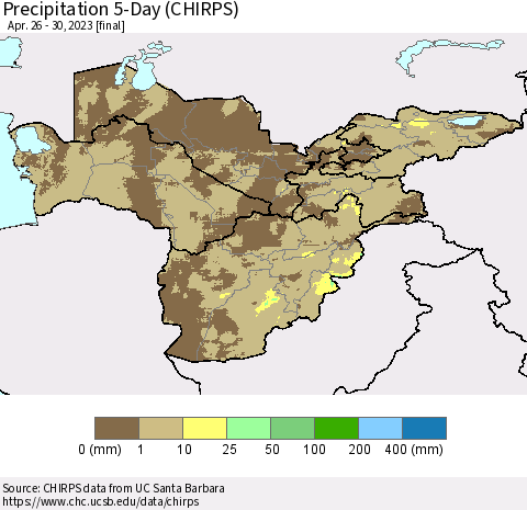 Central Asia Precipitation 5-Day (CHIRPS) Thematic Map For 4/26/2023 - 4/30/2023