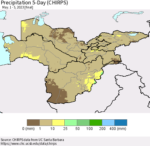 Central Asia Precipitation 5-Day (CHIRPS) Thematic Map For 5/1/2023 - 5/5/2023