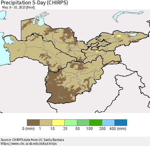 Central Asia Precipitation 5-Day (CHIRPS) Thematic Map For 5/6/2023 - 5/10/2023