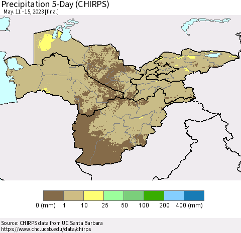 Central Asia Precipitation 5-Day (CHIRPS) Thematic Map For 5/11/2023 - 5/15/2023