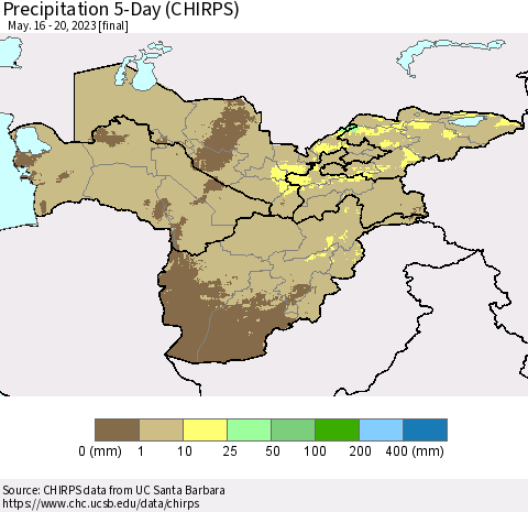 Central Asia Precipitation 5-Day (CHIRPS) Thematic Map For 5/16/2023 - 5/20/2023