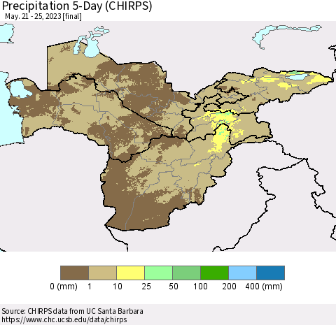 Central Asia Precipitation 5-Day (CHIRPS) Thematic Map For 5/21/2023 - 5/25/2023