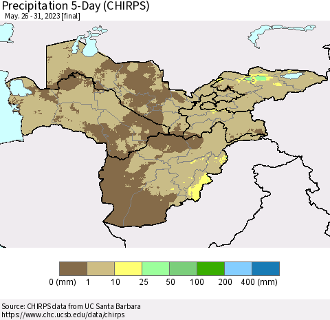 Central Asia Precipitation 5-Day (CHIRPS) Thematic Map For 5/26/2023 - 5/31/2023