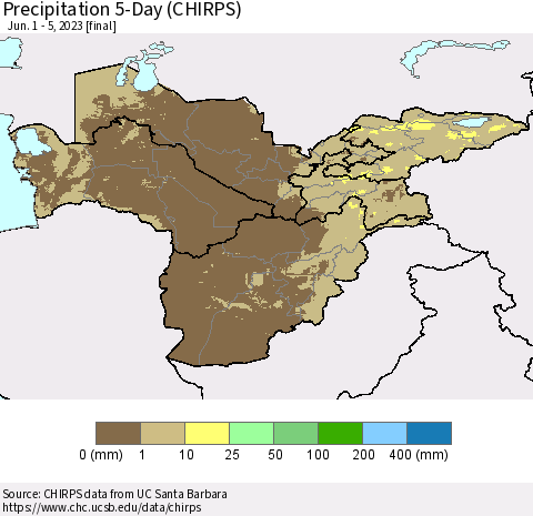 Central Asia Precipitation 5-Day (CHIRPS) Thematic Map For 6/1/2023 - 6/5/2023