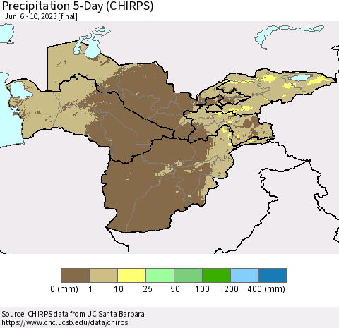 Central Asia Precipitation 5-Day (CHIRPS) Thematic Map For 6/6/2023 - 6/10/2023