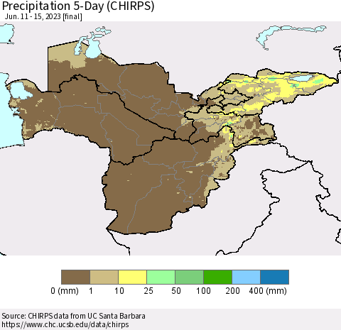 Central Asia Precipitation 5-Day (CHIRPS) Thematic Map For 6/11/2023 - 6/15/2023