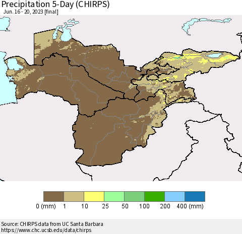 Central Asia Precipitation 5-Day (CHIRPS) Thematic Map For 6/16/2023 - 6/20/2023