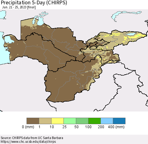 Central Asia Precipitation 5-Day (CHIRPS) Thematic Map For 6/21/2023 - 6/25/2023