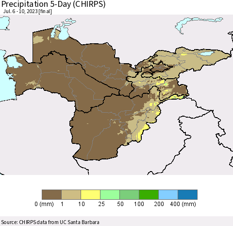 Central Asia Precipitation 5-Day (CHIRPS) Thematic Map For 7/6/2023 - 7/10/2023
