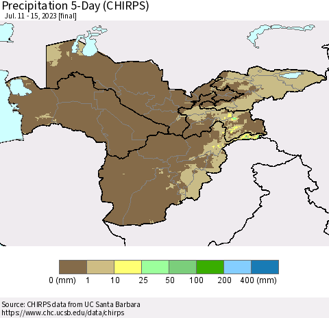 Central Asia Precipitation 5-Day (CHIRPS) Thematic Map For 7/11/2023 - 7/15/2023