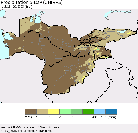 Central Asia Precipitation 5-Day (CHIRPS) Thematic Map For 7/16/2023 - 7/20/2023