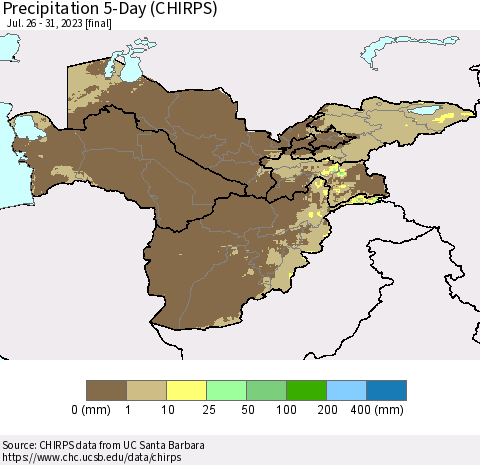 Central Asia Precipitation 5-Day (CHIRPS) Thematic Map For 7/26/2023 - 7/31/2023