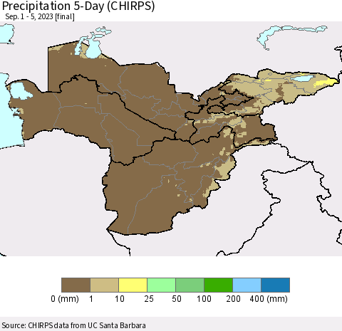 Central Asia Precipitation 5-Day (CHIRPS) Thematic Map For 9/1/2023 - 9/5/2023