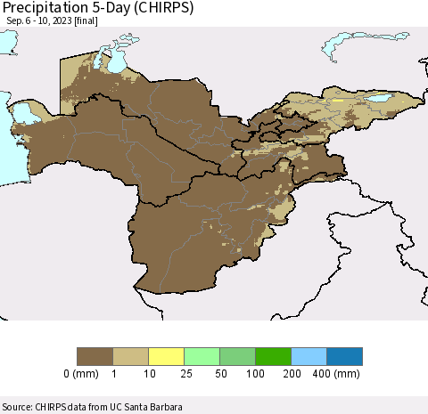 Central Asia Precipitation 5-Day (CHIRPS) Thematic Map For 9/6/2023 - 9/10/2023