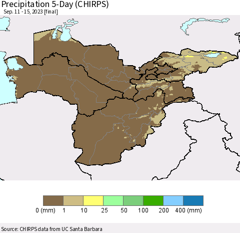 Central Asia Precipitation 5-Day (CHIRPS) Thematic Map For 9/11/2023 - 9/15/2023