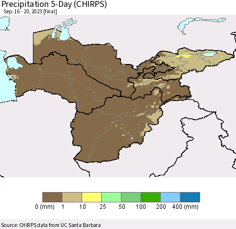 Central Asia Precipitation 5-Day (CHIRPS) Thematic Map For 9/16/2023 - 9/20/2023