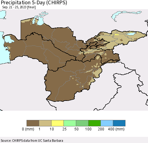 Central Asia Precipitation 5-Day (CHIRPS) Thematic Map For 9/21/2023 - 9/25/2023