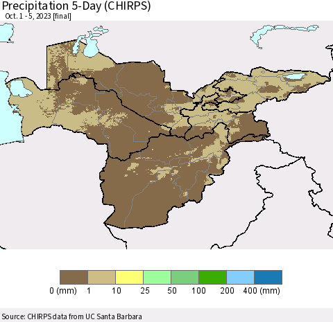 Central Asia Precipitation 5-Day (CHIRPS) Thematic Map For 10/1/2023 - 10/5/2023