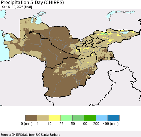 Central Asia Precipitation 5-Day (CHIRPS) Thematic Map For 10/6/2023 - 10/10/2023