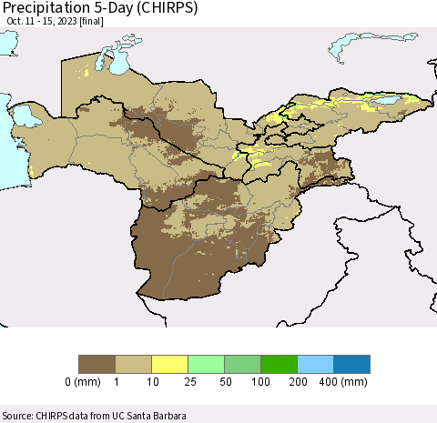 Central Asia Precipitation 5-Day (CHIRPS) Thematic Map For 10/11/2023 - 10/15/2023