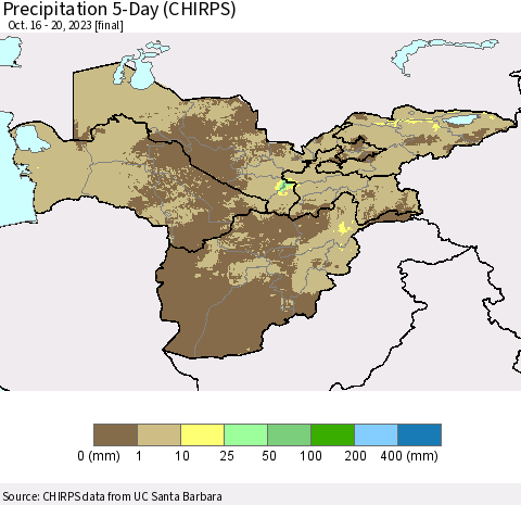 Central Asia Precipitation 5-Day (CHIRPS) Thematic Map For 10/16/2023 - 10/20/2023