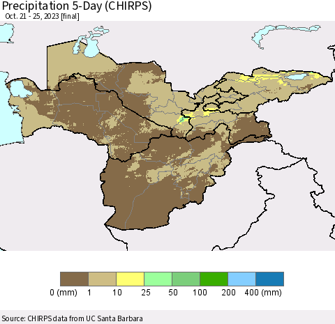 Central Asia Precipitation 5-Day (CHIRPS) Thematic Map For 10/21/2023 - 10/25/2023