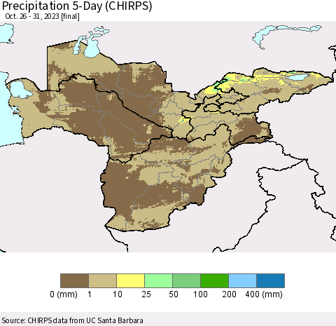 Central Asia Precipitation 5-Day (CHIRPS) Thematic Map For 10/26/2023 - 10/31/2023