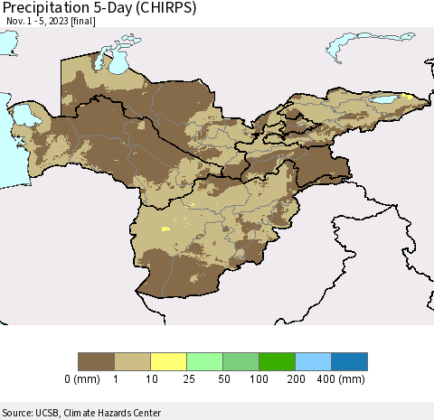 Central Asia Precipitation 5-Day (CHIRPS) Thematic Map For 11/1/2023 - 11/5/2023