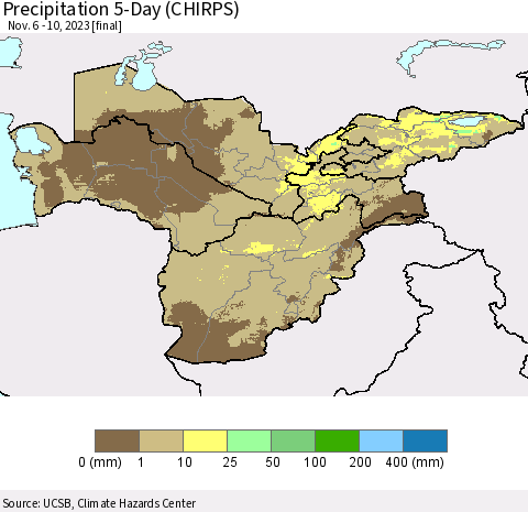 Central Asia Precipitation 5-Day (CHIRPS) Thematic Map For 11/6/2023 - 11/10/2023