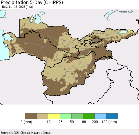 Central Asia Precipitation 5-Day (CHIRPS) Thematic Map For 11/11/2023 - 11/15/2023