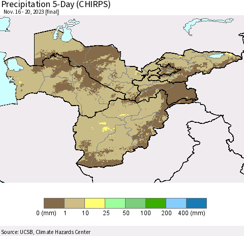 Central Asia Precipitation 5-Day (CHIRPS) Thematic Map For 11/16/2023 - 11/20/2023
