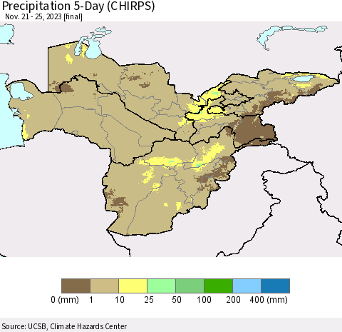 Central Asia Precipitation 5-Day (CHIRPS) Thematic Map For 11/21/2023 - 11/25/2023