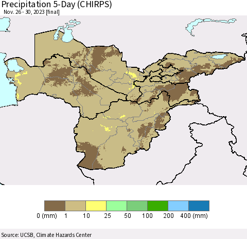 Central Asia Precipitation 5-Day (CHIRPS) Thematic Map For 11/26/2023 - 11/30/2023