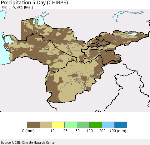 Central Asia Precipitation 5-Day (CHIRPS) Thematic Map For 12/1/2023 - 12/5/2023