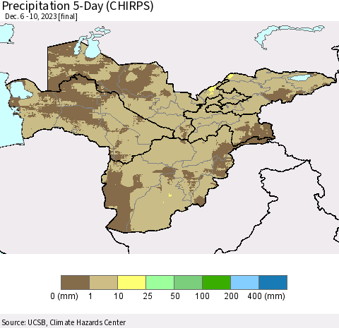 Central Asia Precipitation 5-Day (CHIRPS) Thematic Map For 12/6/2023 - 12/10/2023