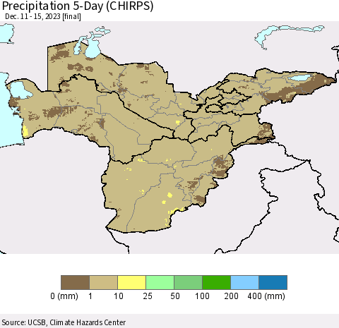 Central Asia Precipitation 5-Day (CHIRPS) Thematic Map For 12/11/2023 - 12/15/2023