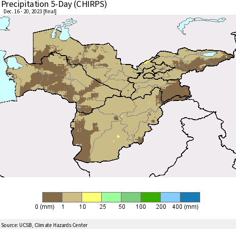 Central Asia Precipitation 5-Day (CHIRPS) Thematic Map For 12/16/2023 - 12/20/2023