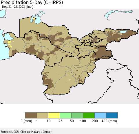 Central Asia Precipitation 5-Day (CHIRPS) Thematic Map For 12/21/2023 - 12/25/2023