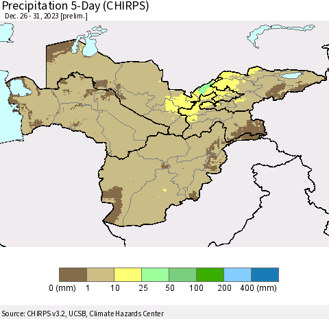 Central Asia Precipitation 5-Day (CHIRPS) Thematic Map For 12/26/2023 - 12/31/2023