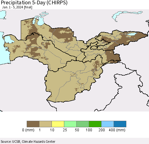 Central Asia Precipitation 5-Day (CHIRPS) Thematic Map For 1/1/2024 - 1/5/2024