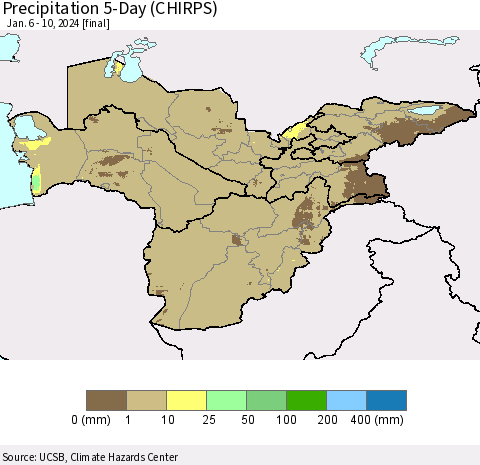 Central Asia Precipitation 5-Day (CHIRPS) Thematic Map For 1/6/2024 - 1/10/2024
