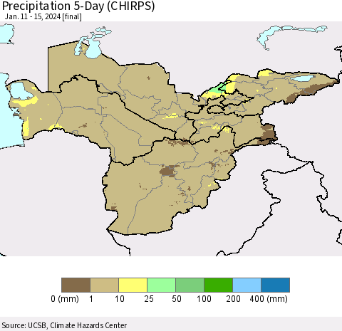 Central Asia Precipitation 5-Day (CHIRPS) Thematic Map For 1/11/2024 - 1/15/2024